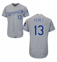 Mens Majestic Kansas City Royals 13 Salvador Perez Grey Road Flex Base Authentic Collection MLB Jersey