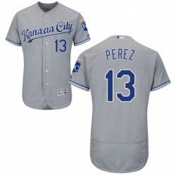 Mens Majestic Kansas City Royals 13 Salvador Perez Grey Road Flex Base Authentic Collection MLB Jersey