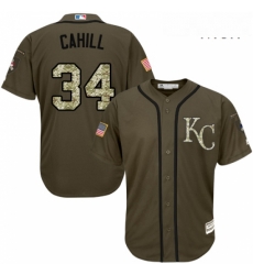 Mens Majestic Kansas City Royals 34 Trevor Cahill Replica Green Salute to Service MLB Jersey 