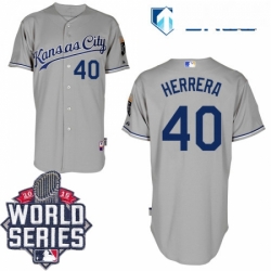 Mens Majestic Kansas City Royals 40 Kelvin Herrera Authentic Grey Road Cool Base 2015 World Series Patch MLB Jersey