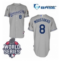 Mens Majestic Kansas City Royals 8 Mike Moustakas Replica Grey Road Cool Base 2015 World Series