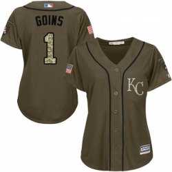 Womens Majestic Kansas City Royals 1 Ryan Goins Authentic Green Salute to Service MLB Jersey 