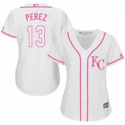 Womens Majestic Kansas City Royals 13 Salvador Perez Replica White Fashion Cool Base MLB Jersey