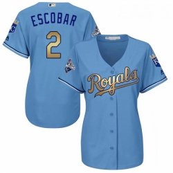 Womens Majestic Kansas City Royals 2 Alcides Escobar Authentic Light Blue 2015 World Series Champions Gold Program Cool Base MLB Jersey