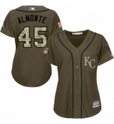 Womens Majestic Kansas City Royals 45 Abraham Almonte Authentic Green Salute to Service MLB Jersey 
