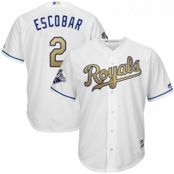 Youth Majestic Kansas City Royals 2 Alcides Escobar Authentic White 2015 World Series Champions Gold Program Cool Base MLB Jersey