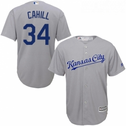 Youth Majestic Kansas City Royals 34 Trevor Cahill Replica Grey Road Cool Base MLB Jersey 