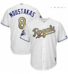Youth Majestic Kansas City Royals 8 Mike Moustakas Authentic White 2015 World Series Champions Gold Program Cool Base MLB Jersey