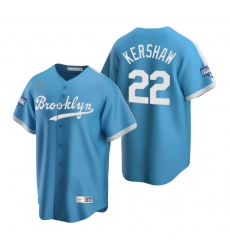 Men Brooklyn Los Angeles Dodgers 22 Clayton Kershaw Light Blue 2020 World Series Champions Cooperstown Collection Jersey