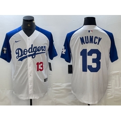 Men Los Angeles Dodgers 13 Max Muncy White Blue Vin Patch Cool Base Stitched Baseball Jersey