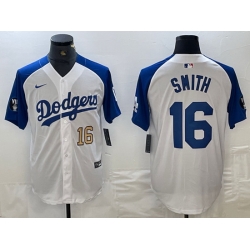 Men Los Angeles Dodgers 16 Will Smith White Blue Vin Patch Cool Base Stitched Baseball Jersey 7