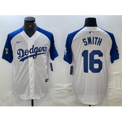 Men Los Angeles Dodgers 16 Will Smith White Blue Vin Patch Cool Base Stitched Baseball Jersey