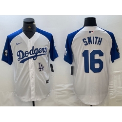 Men Los Angeles Dodgers 16 Will Smith White Blue Vin Patch Cool Base Stitched Baseball Jersey 9