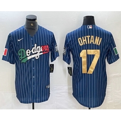 Men Los Angeles Dodgers 17 Shohei Ohtani Mexico Blue Gold Pinstripe Cool Base Stitched Jersey
