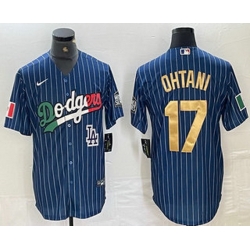 Men Los Angeles Dodgers 17 Shohei Ohtani Mexico Blue Gold Pinstripe Cool Base Stitched Jerseys