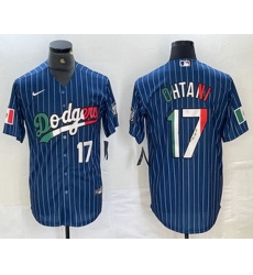 Men Los Angeles Dodgers 17 Shohei Ohtani Number Mexico Blue Pinstripe Cool Base Stitched Jerseys