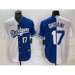Men Los Angeles Dodgers 17 Shohei Ohtani White Blue Split Cool Base Stitched Baseball Jersey 1