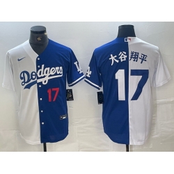 Men Los Angeles Dodgers 17 Shohei Ohtani White Blue Split Cool Base Stitched Baseball Jersey