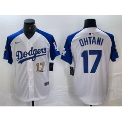 Men Los Angeles Dodgers 17 Shohei Ohtani White Blue Vin Patch Cool Base Stitched Baseball Jersey 1