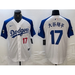 Men Los Angeles Dodgers 17 Shohei Ohtani White Blue Vin Patch Cool Base Stitched Baseball Jersey 2