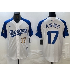 Men Los Angeles Dodgers 17 Shohei Ohtani White Blue Vin Patch Cool Base Stitched Baseball Jersey 4