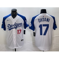 Men Los Angeles Dodgers 17 Shohei Ohtani White Blue Vin Patch Cool Base Stitched Baseball Jersey 5