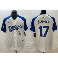 Men Los Angeles Dodgers 17 Shohei Ohtani White Blue Vin Patch Cool Base Stitched Baseball Jersey 7