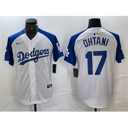 Men Los Angeles Dodgers 17 Shohei Ohtani White Blue Vin Patch Cool Base Stitched Baseball Jersey