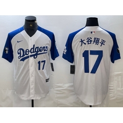 Men Los Angeles Dodgers 17 Shohei Ohtani White Blue Vin Patch Cool Base Stitched Baseball Jersey 