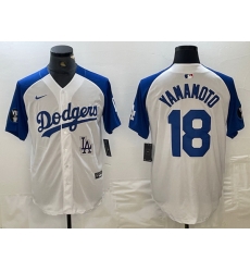 Men Los Angeles Dodgers 18 Yoshinobu Yamamoto White Blue Vin Patch Cool Base Stitched Baseball Jersey 2