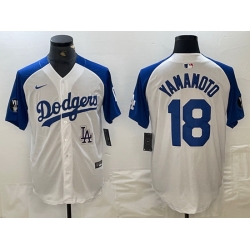 Men Los Angeles Dodgers 18 Yoshinobu Yamamoto White Blue Vin Patch Cool Base Stitched Baseball Jersey 2