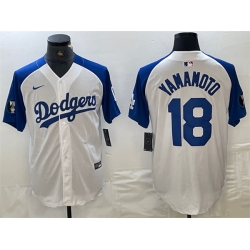 Men Los Angeles Dodgers 18 Yoshinobu Yamamoto White Blue Vin Patch Cool Base Stitched Baseball Jersey