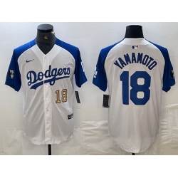 Men Los Angeles Dodgers 18 Yoshinobu Yamamoto White Blue Vin Patch Cool Base Stitched Baseball Jersey C