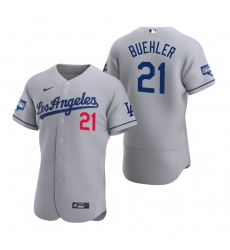 Men Los Angeles Dodgers 21 Walker Buehler Gray 2020 World Series Champions Road Flex Base Jersey