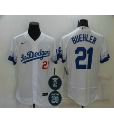 Men Los Angeles Dodgers 21 Walker Buehler White 2 20 Patch City Connect Flex Base Stitched Jersey