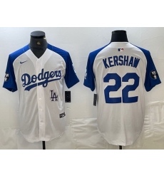 Men Los Angeles Dodgers 22 Clayton Kershaw White Blue Vin Patch Cool Base Stitched Baseball Jersey 1