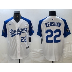Men Los Angeles Dodgers 22 Clayton Kershaw White Blue Vin Patch Cool Base Stitched Baseball Jersey 3