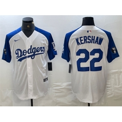 Men Los Angeles Dodgers 22 Clayton Kershaw White Blue Vin Patch Cool Base Stitched Baseball Jersey