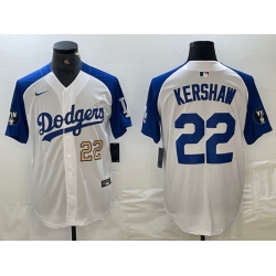 Men Los Angeles Dodgers 22 Clayton Kershaw White Blue Vin Patch Cool Base Stitched Baseball Jersey 9