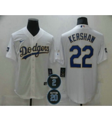 Men Los Angeles Dodgers 22 Clayton Kershaw White Gold 2 20 Patch Stitched MLB Cool Base Nike Jersey