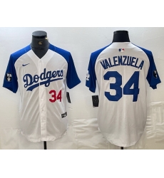 Men Los Angeles Dodgers 34 Toro Valenzuela White Blue Vin Patch Cool Base Stitched Baseball Jersey  10