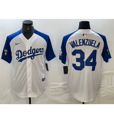 Men Los Angeles Dodgers 34 Toro Valenzuela White Blue Vin Patch Cool Base Stitched Baseball Jersey