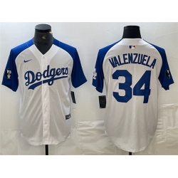Men Los Angeles Dodgers 34 Toro Valenzuela White Blue Vin Patch Cool Base Stitched Baseball Jersey
