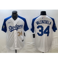 Men Los Angeles Dodgers 34 Toro Valenzuela White Blue Vin Patch Cool Base Stitched Baseball Jersey 9