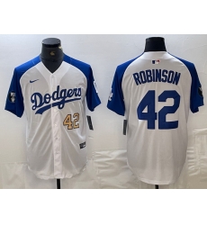 Men Los Angeles Dodgers 42 Jackie Robinson White Blue Vin Patch Cool Base Stitched Baseball Jersey 1