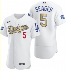 Men Los Angeles Dodgers 5 Corey Seager White Gold Nike 2020 World Series Champions Flexbase Jersey