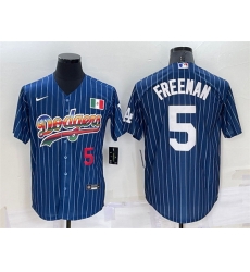 Men Los Angeles Dodgers 5 Freddie Freeman Navy Mexico Rainbow Cool Base Stitched Baseball Jersey