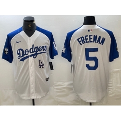 Men Los Angeles Dodgers 5 Freddie Freeman White Blue Vin Patch Cool Base Stitched Baseball Jersey 10