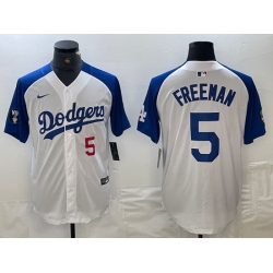 Men Los Angeles Dodgers 5 Freddie Freeman White Blue Vin Patch Cool Base Stitched Baseball Jersey 2
