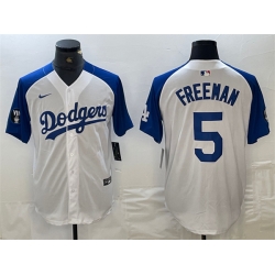 Men Los Angeles Dodgers 5 Freddie Freeman White Blue Vin Patch Cool Base Stitched Baseball Jersey